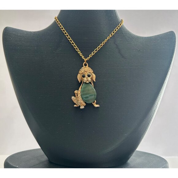 Jewelry - Vintage Gold-Colored Poodle Pendant Necklace With Green Lucite Belly Dog Design